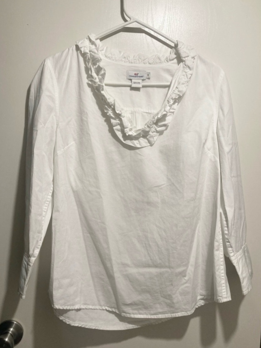 Vineyard Vines White Ruffle-Neck Long Sleeve Blouse